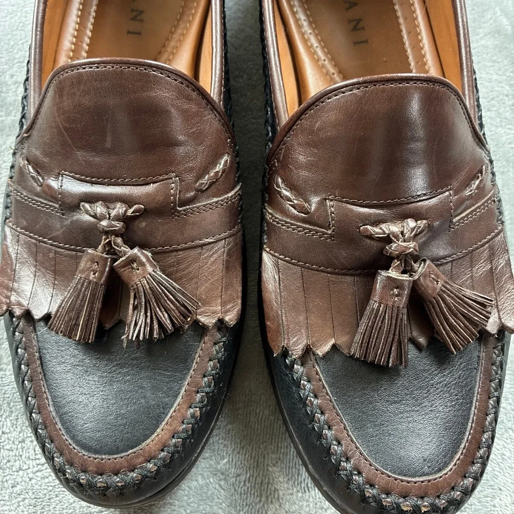 Domani Mens 11M Two Tone Brown Black Leather Tassel Kiltie Loafers India Preppy
